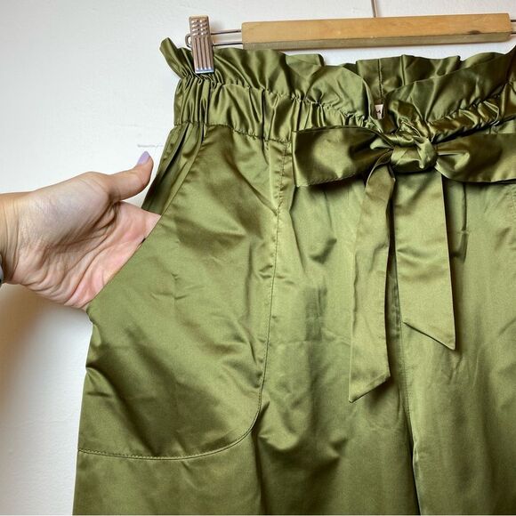 MILLY Kori Paperbag Gathered Waist Wide-Leg Satin Trouser Pants Olive Green M - Picture 5 of 13
